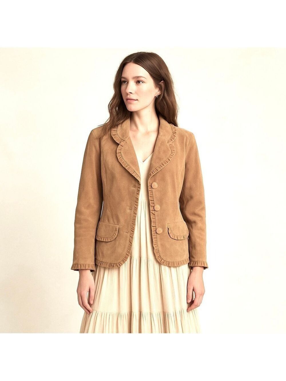 Vintage Suede Leather Blazer Jacket Tan Brown Boho Ruffle Trim Alice Blue S